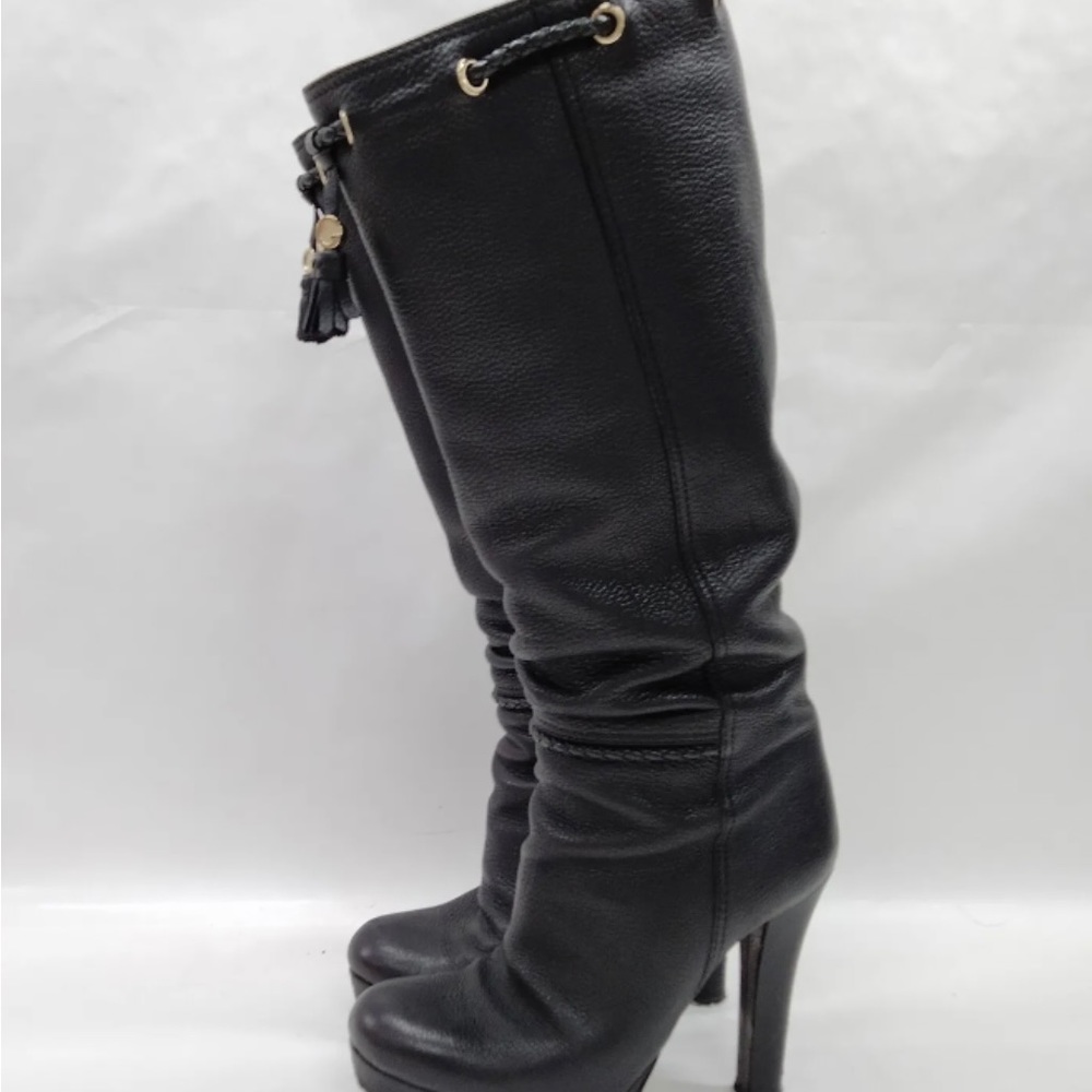 GUCCI Tall Black Leather Boots with Leather braid and tassels. Size 37 - Picture 3 of 12
